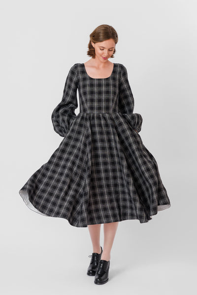 Carmen Dress, Long Sleeve, Black Tartan#color_black-tartan