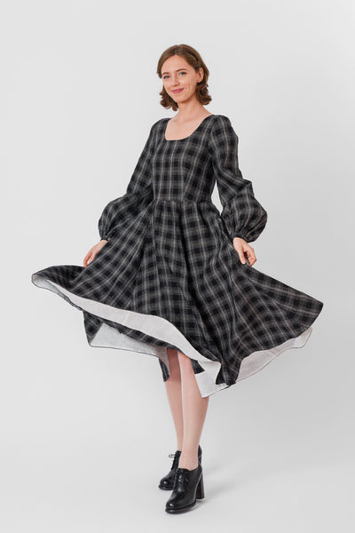 Carmen Dress, Long Sleeve, Black Tartan#color_black-tartan