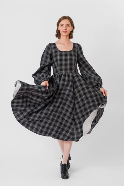 Carmen Dress, Long Sleeve, Black Tartan#color_black-tartan