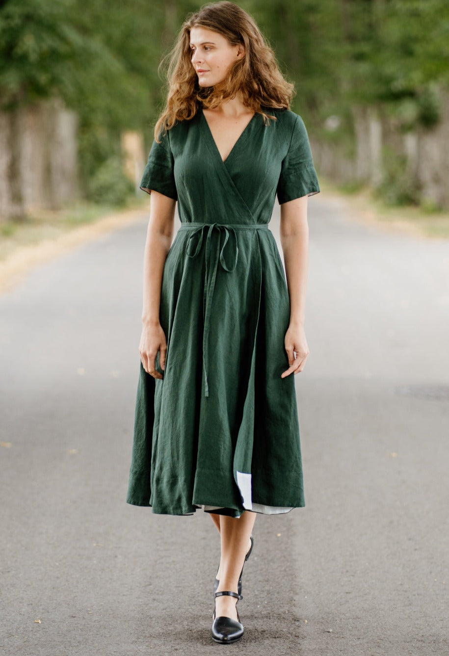 Wrap Dress, Short Sleeve, Evergreen#color_evergreen