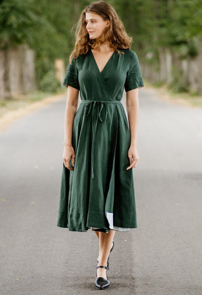 Wrap Dress, Short Sleeve, Evergreen#color_evergreen