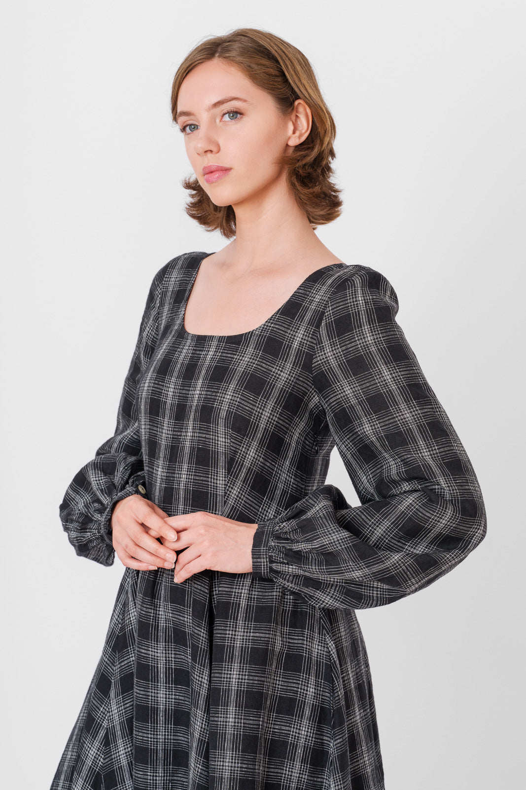 Carmen Dress, Long Sleeve, Black Tartan#color_black-tartan