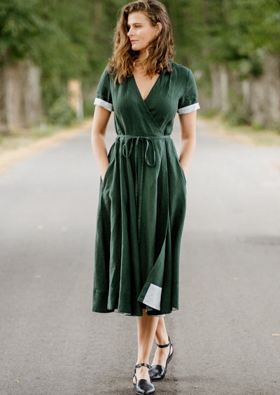 Wrap Dress, Short Sleeve, Evergreen#color_evergreen