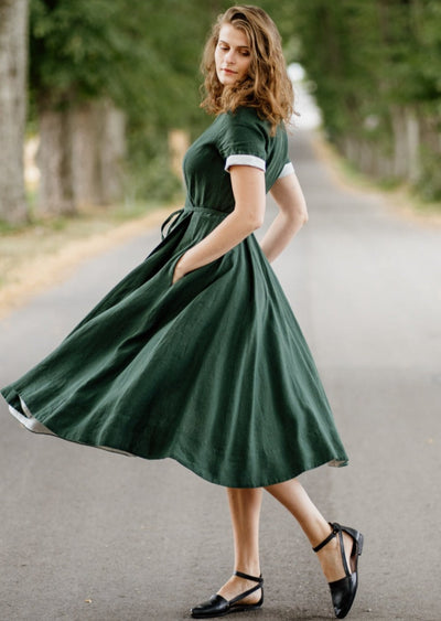 Wrap Dress, Short Sleeve, Evergreen#color_evergreen