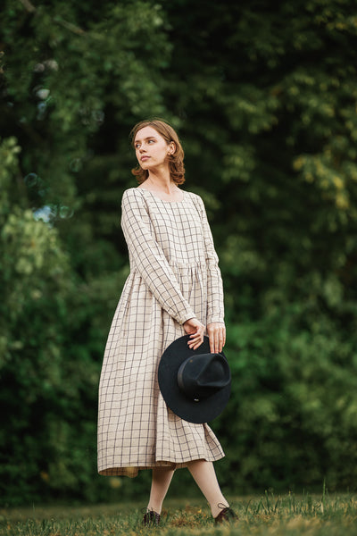 Smock Dress, Long Sleeve, Latte Grid#color_latte-grid