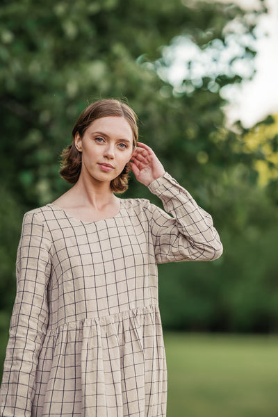 Smock Dress, Long Sleeve, Latte Grid#color_latte-grid