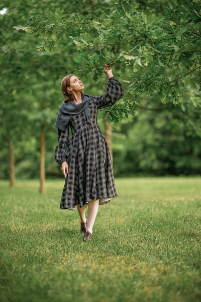 Carmen Dress, Long Sleeve, Black Tartan#color_black-tartan