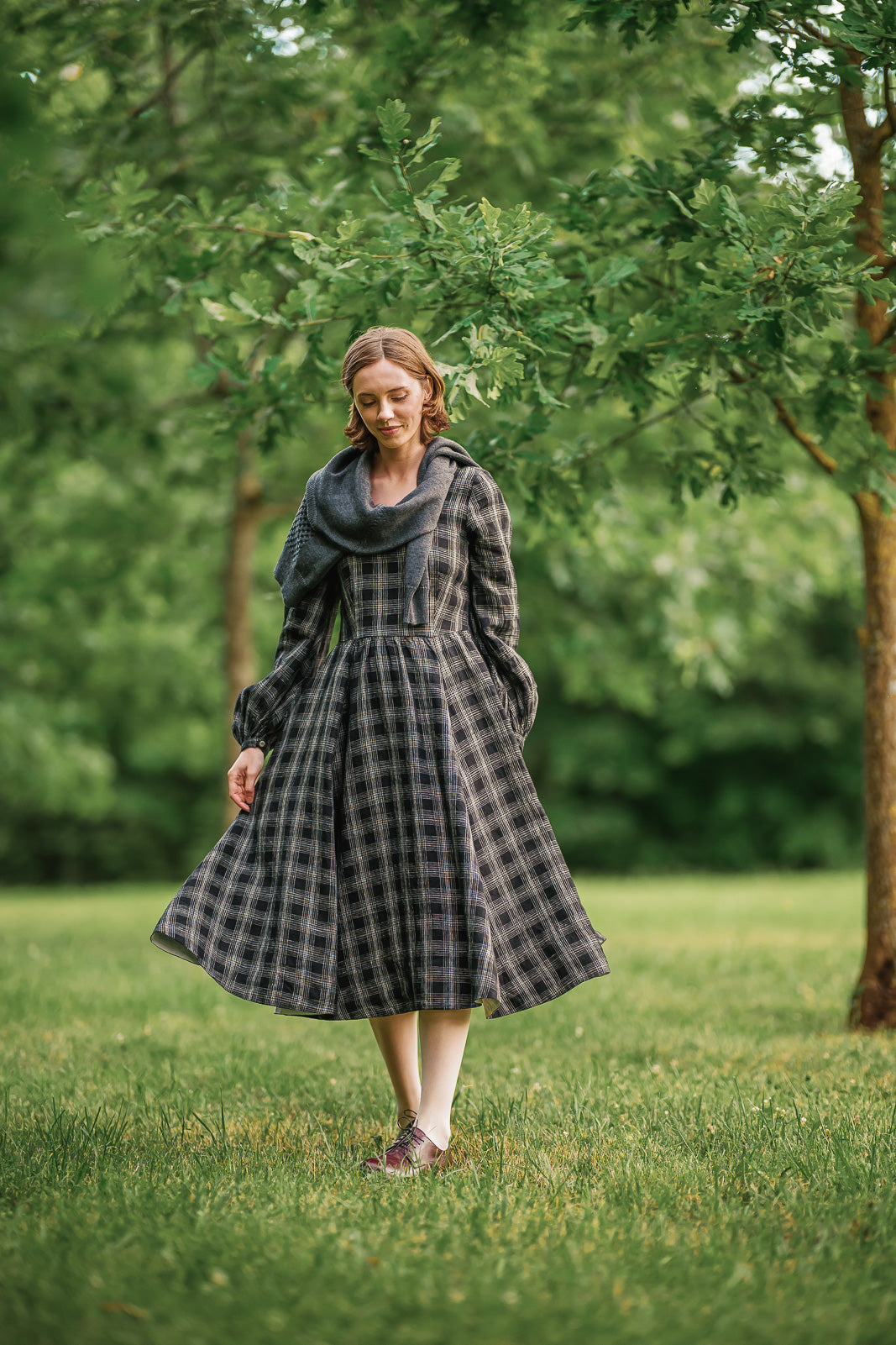Carmen Dress, Long Sleeve, Black Tartan#color_black-tartan