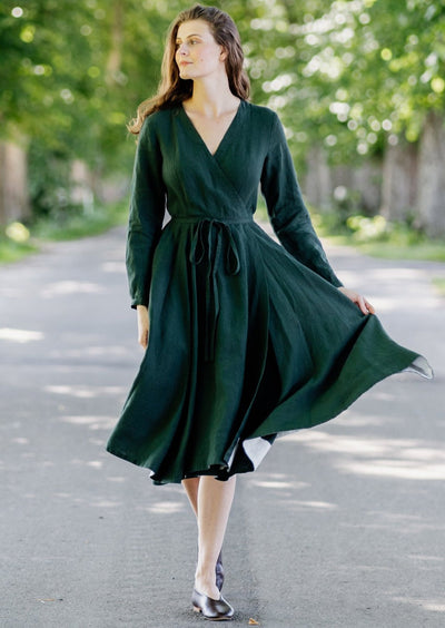 Wrap Dress, Long Sleeve, Evergreen#color_evergreen