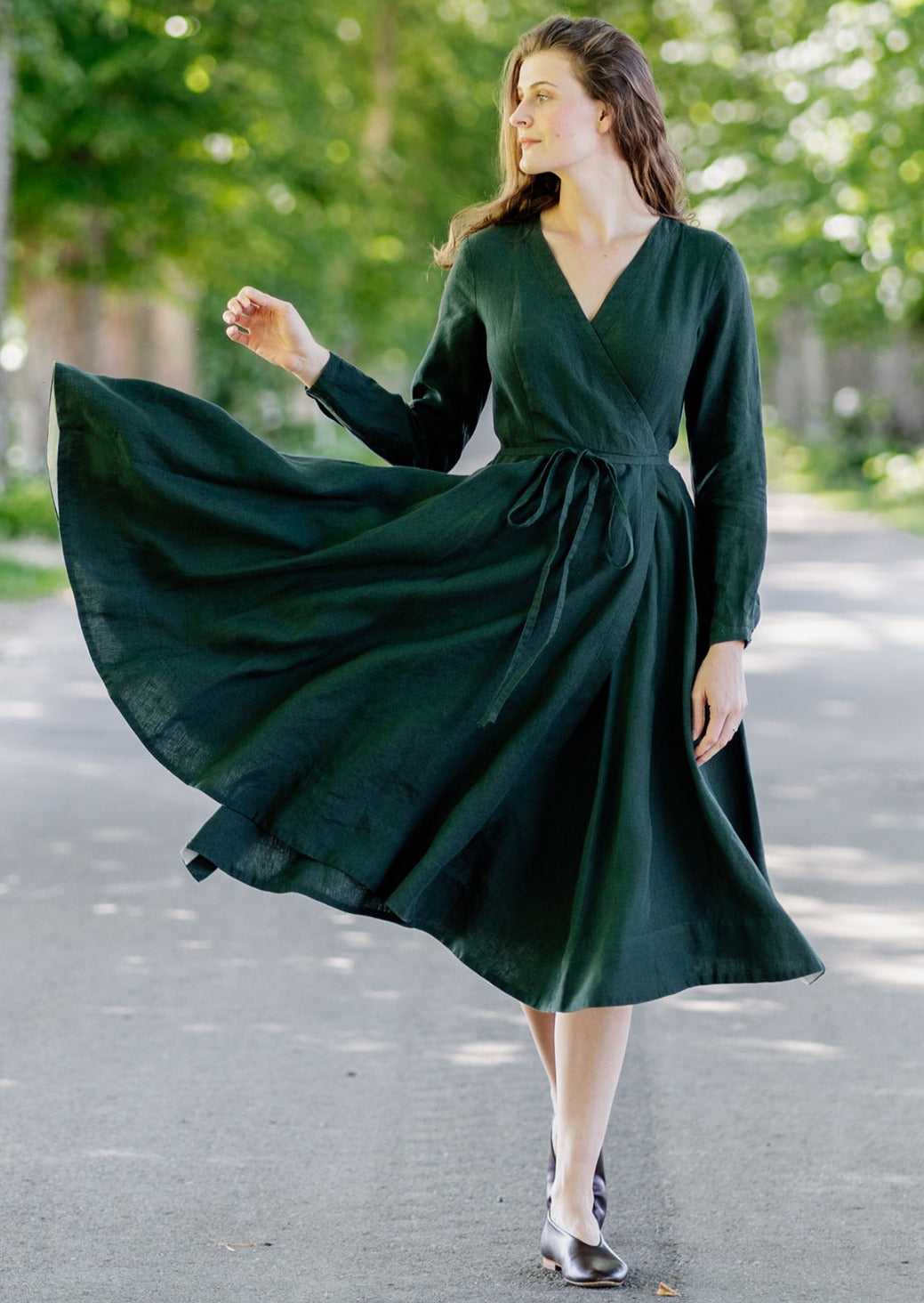Wrap Dress, Long Sleeve, Evergreen#color_evergreen