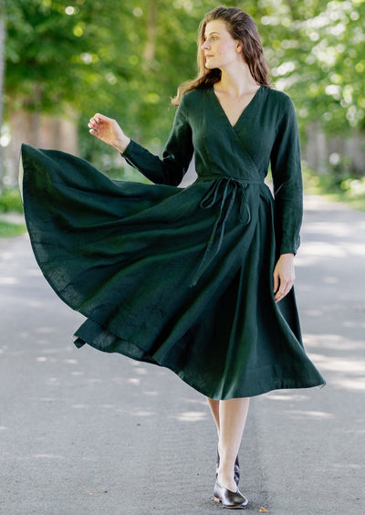 Wrap Dress, Long Sleeve, Evergreen#color_evergreen