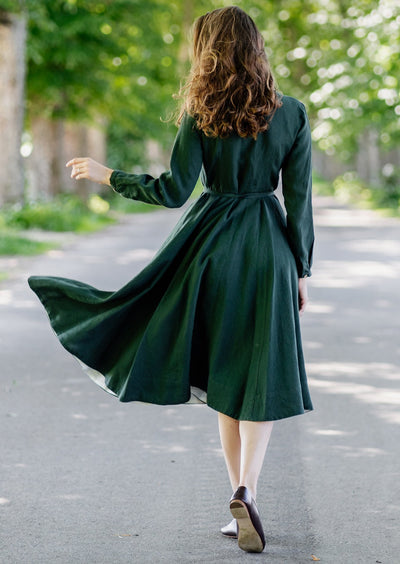 Wrap Dress, Long Sleeve, Evergreen#color_evergreen