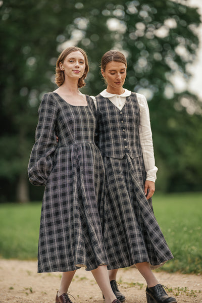 Carmen Dress, Long Sleeve, Black Tartan#color_black-tartan