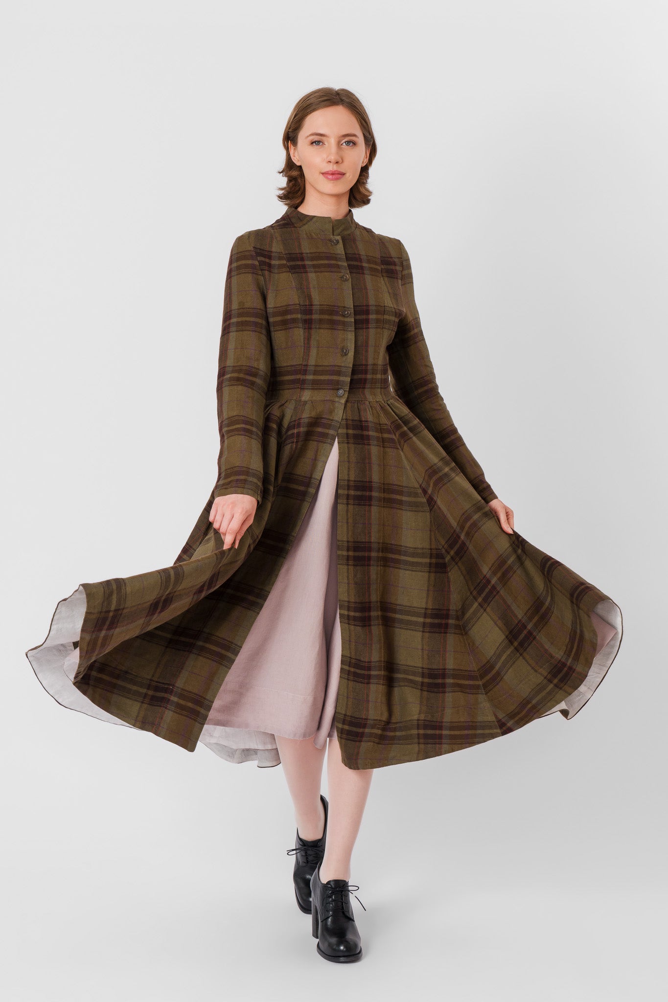 Victorian Coat, Long Sleeve, Twill Linen, Oak Tartan#color_oak-tartan