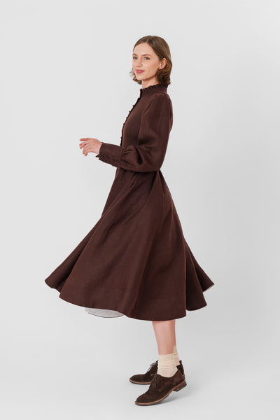 Abigail Dress, Long Sleeve, Twill Linen, Espresso Brown#color_espresso-brown