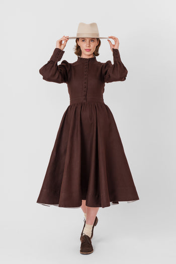 Abigail Dress, Long Sleeve, Twill Linen, Espresso Brown#color_espresso-brown