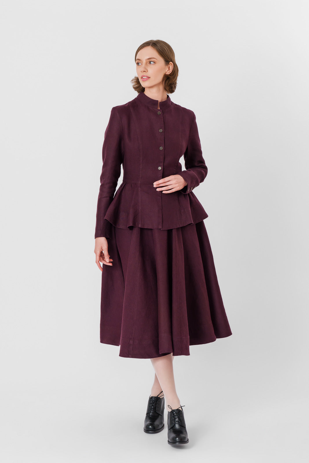 Peplum Jacket, Long Sleeve, Twill Linen, Royal Grape