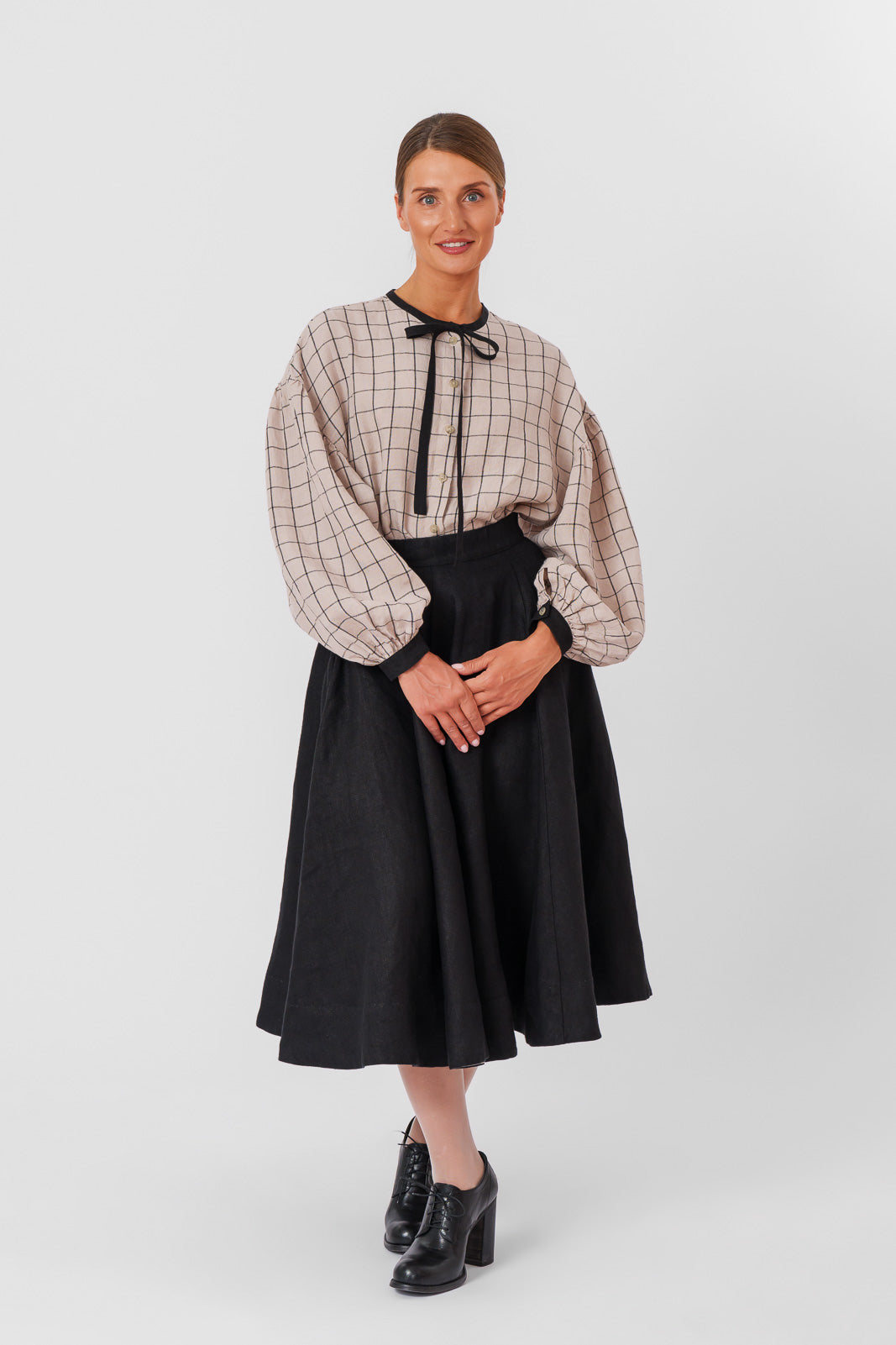 Clementine Shirt, Long Sleeve, Latte Grid#color_latte-grid
