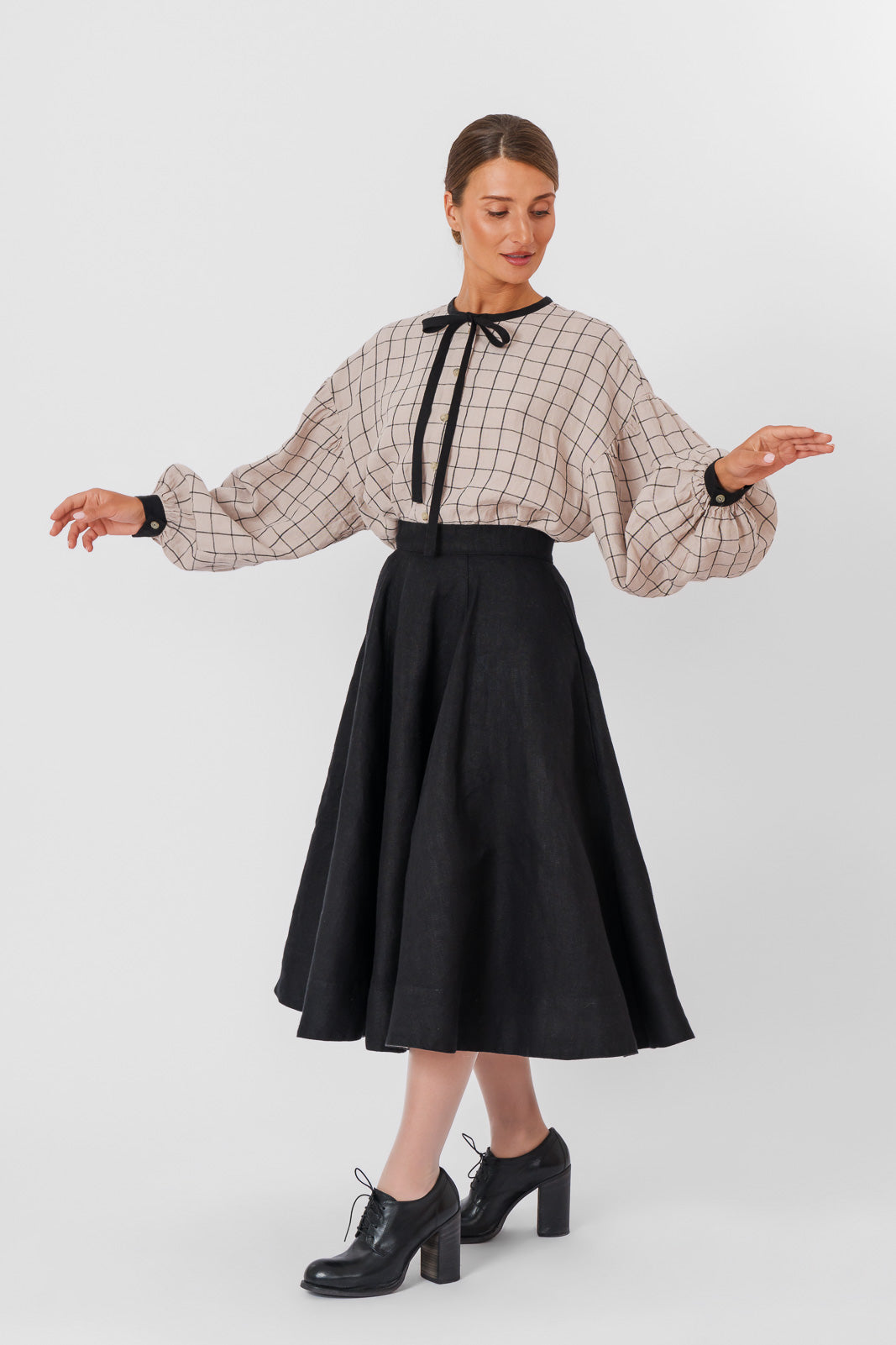 Clementine Shirt, Long Sleeve, Latte Grid#color_latte-grid