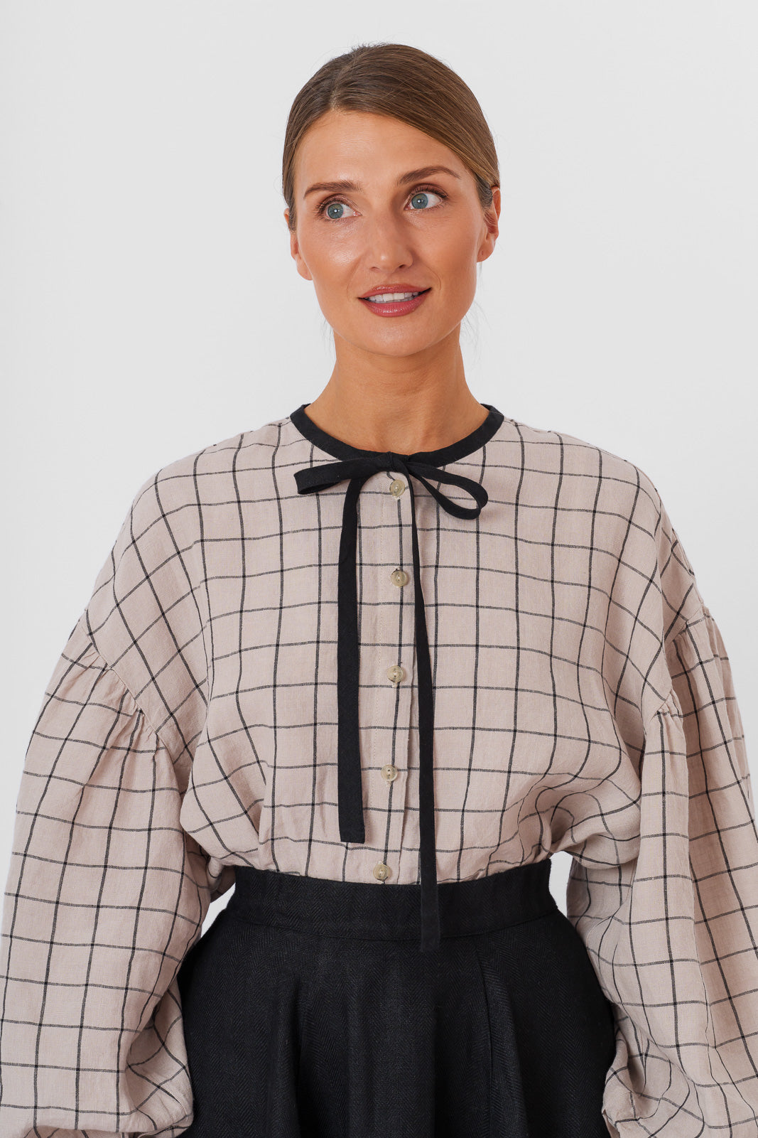 Clementine Shirt, Long Sleeve, Latte Grid#color_latte-grid