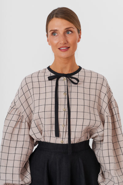 Clementine Shirt, Long Sleeve, Latte Grid#color_latte-grid