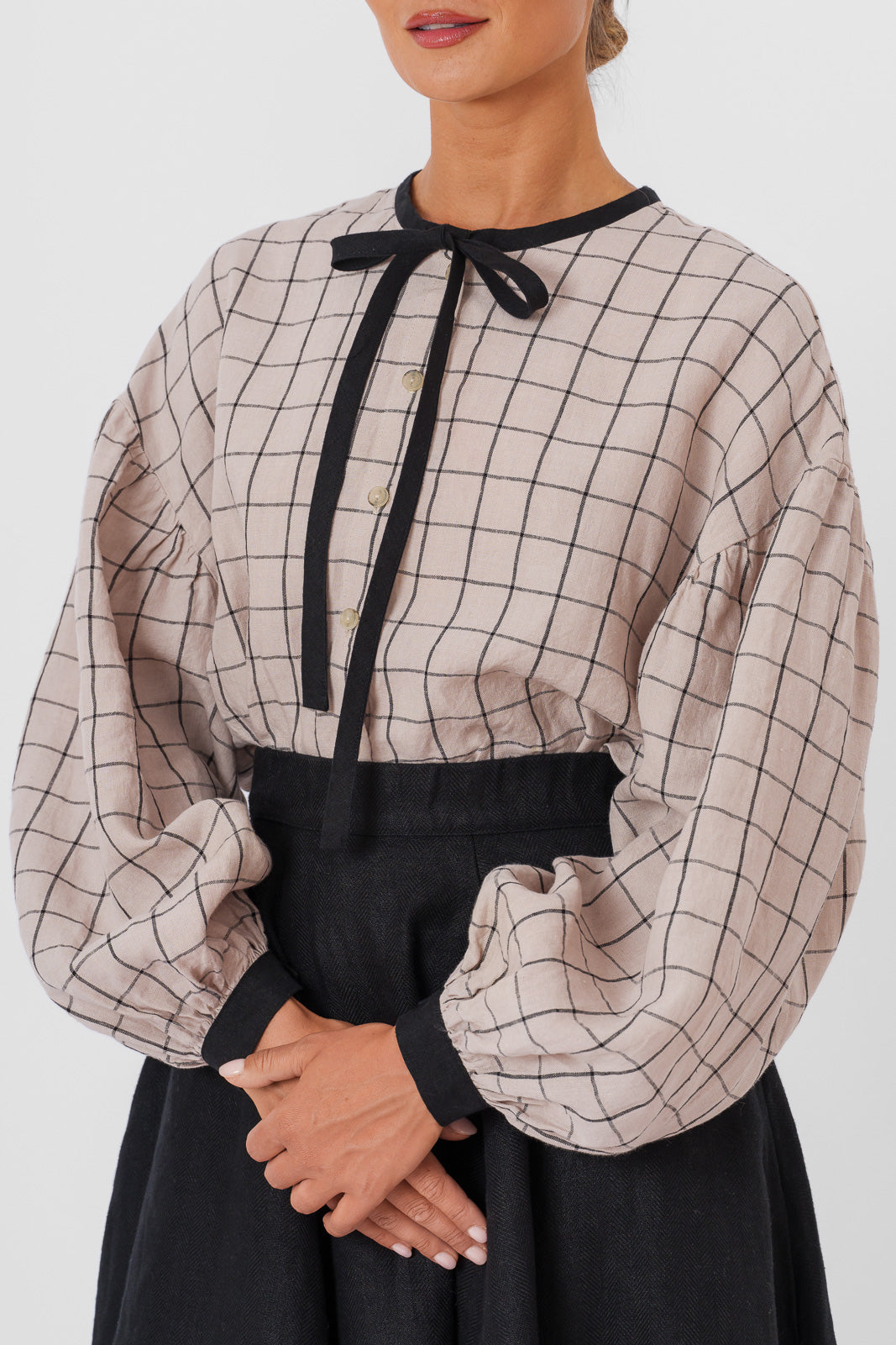 Clementine Shirt, Long Sleeve, Latte Grid#color_latte-grid