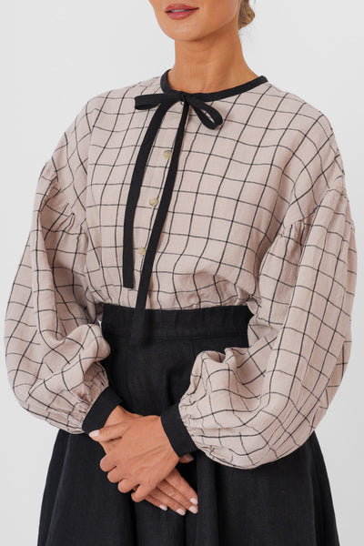 Clementine Shirt, Long Sleeve, Latte Grid#color_latte-grid