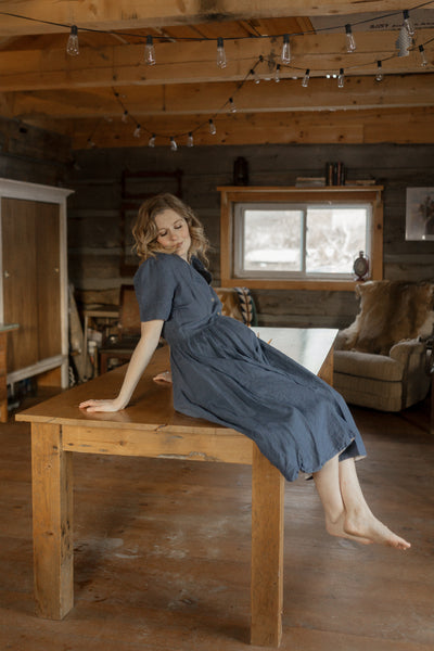Classic Nursing Dress, Short Sleeve, Moonlight Blue