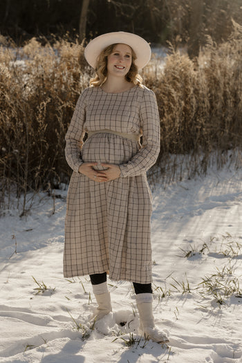 Smock Nursing Dress, Long Sleeve, Latte Grid