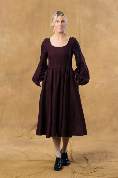 Carmen Dress, Long Sleeve,  Twill Linen, Royal Grape #color_royal-grape