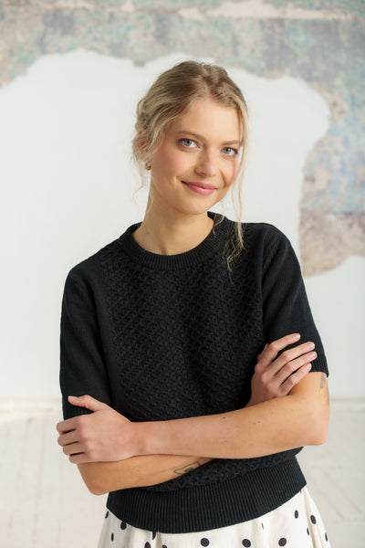Elaine Top, Short Sleeve, Black Pansy#color_black-pansy