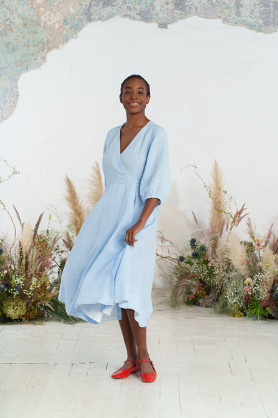 Wrap Gaia Dress, 3/4 Sleeve, Skye Blue
#color_skye-blue