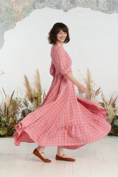Maxi Carmen Dress, 3/4 Sleeve, Pink Gingham
#color_pink-gingham