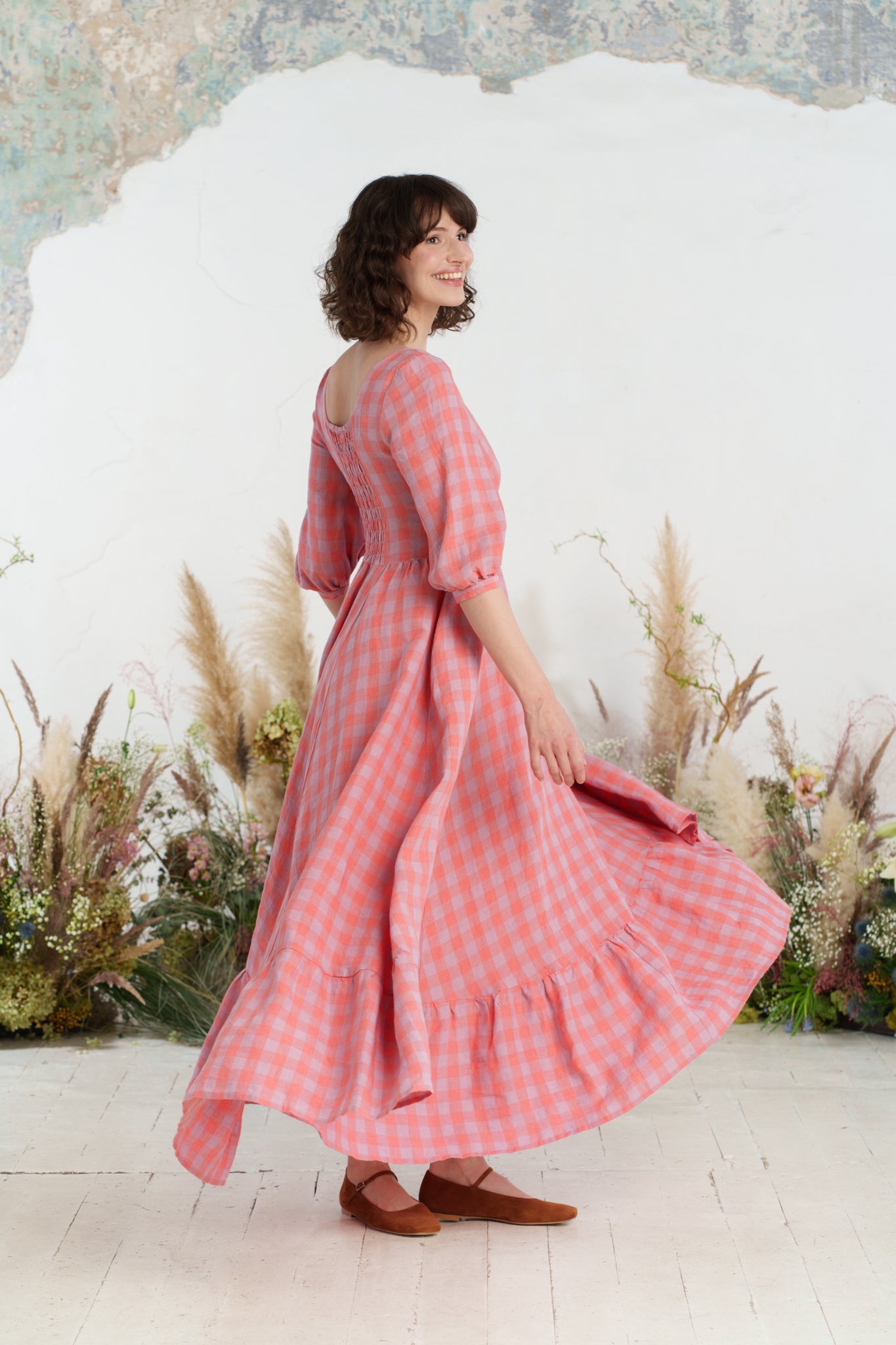 Maxi Carmen Dress, 3/4 Sleeve, Pink Gingham
#color_pink-gingham