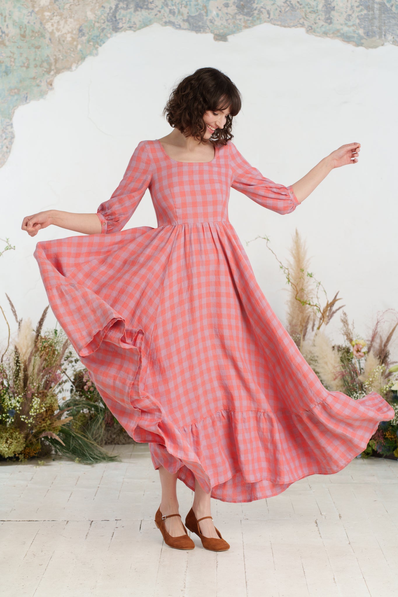 Maxi Carmen Dress, 3/4 Sleeve, Pink Gingham
#color_pink-gingham