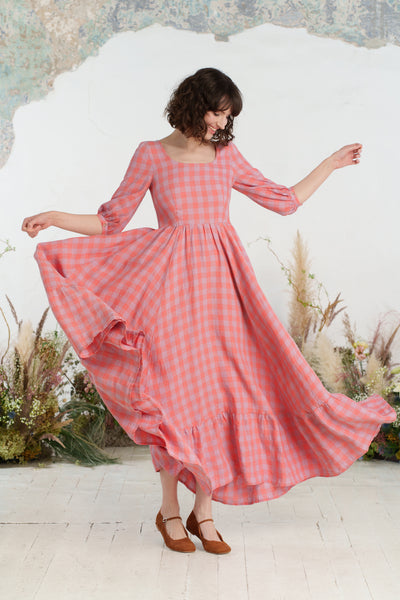 Maxi Carmen Dress, 3/4 Sleeve, Pink Gingham
#color_pink-gingham