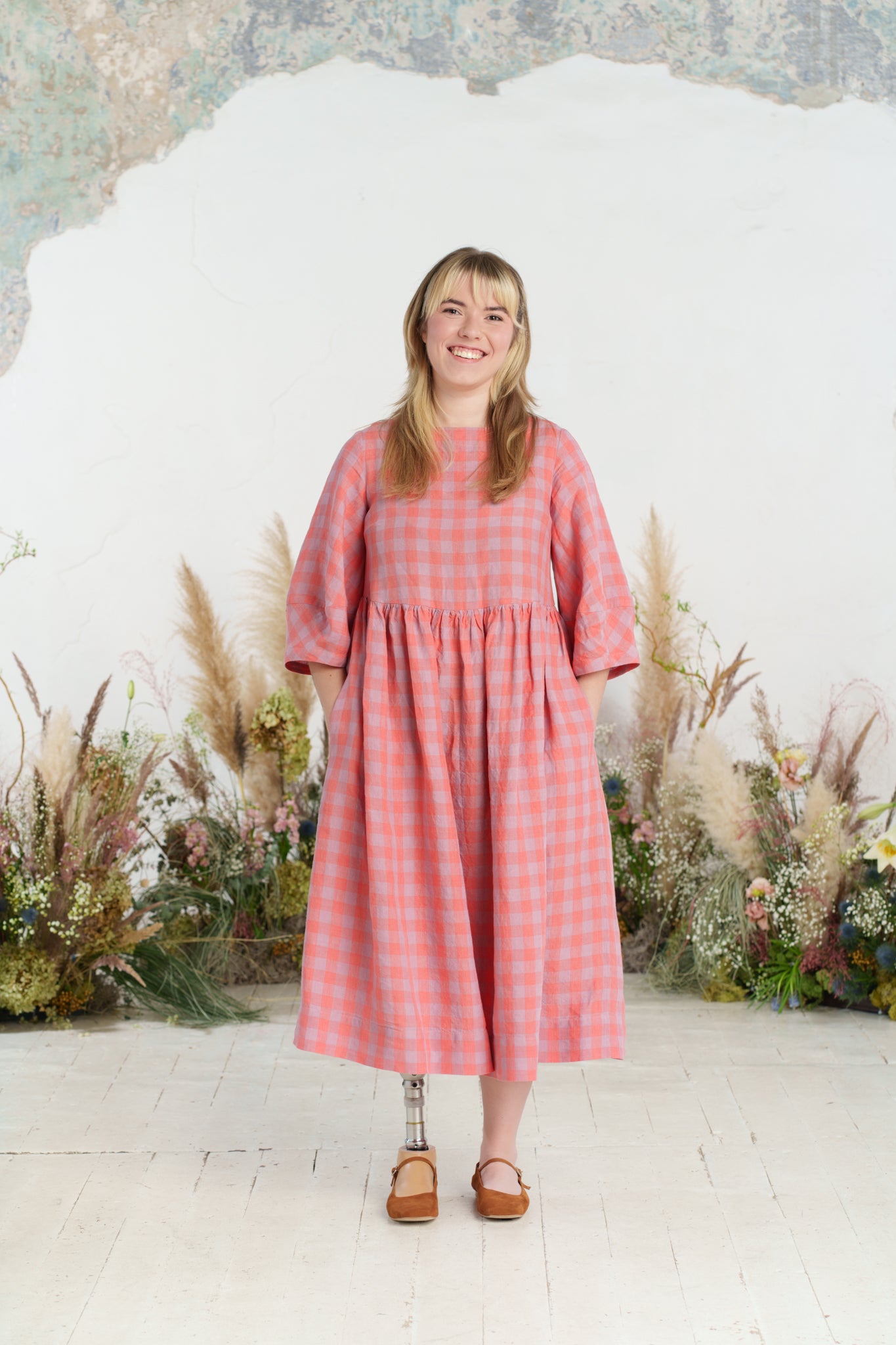 Smock Gaia Dress, 3/4 Sleeve, Pink Gingham
#color_pink-gingham