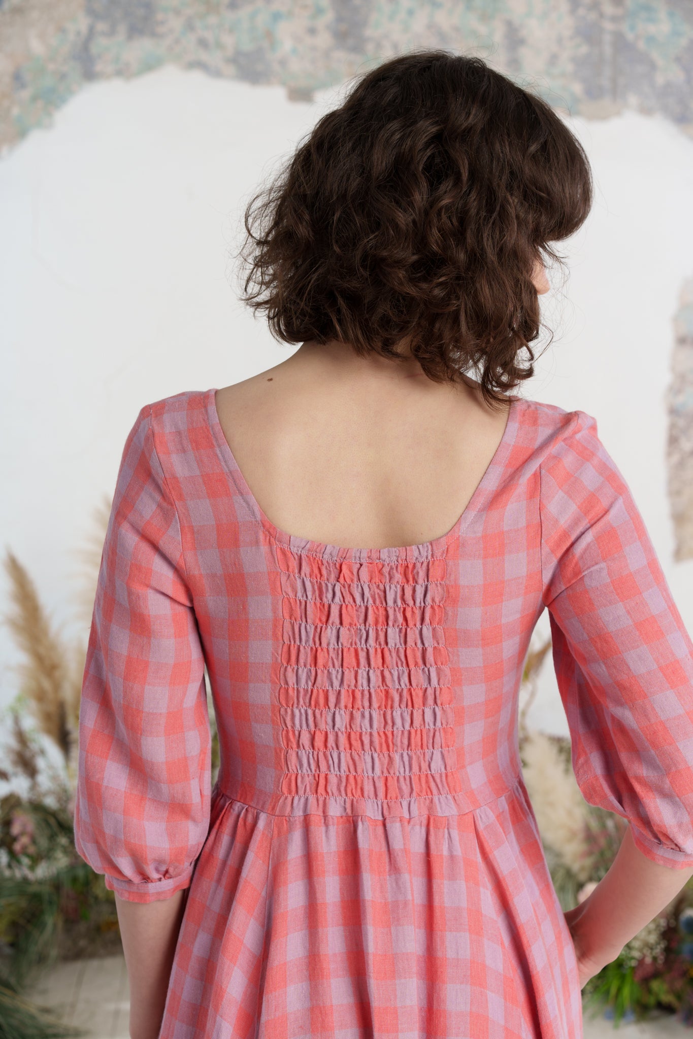 Maxi Carmen Dress, 3/4 Sleeve, Pink Gingham
#color_pink-gingham