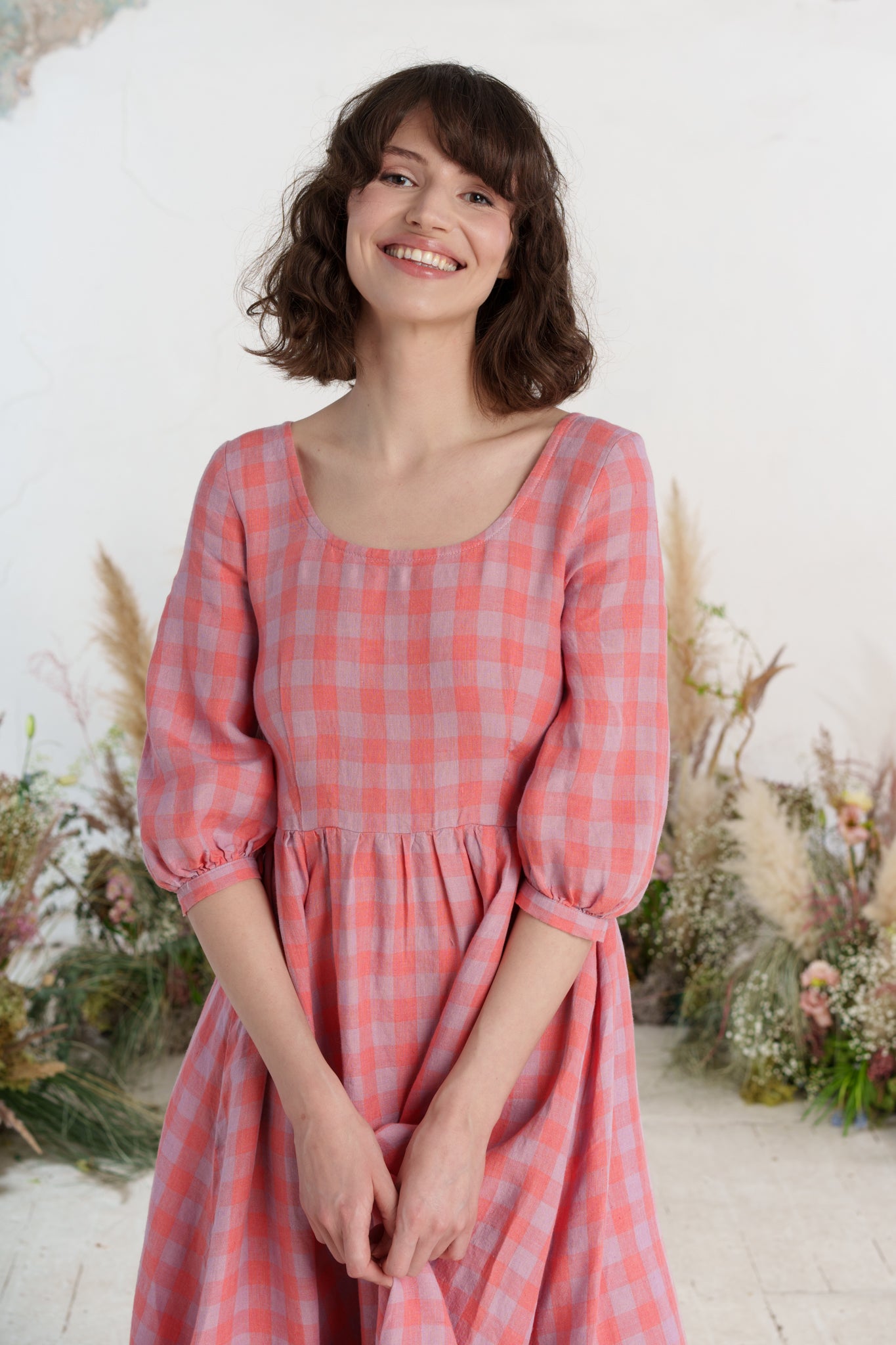 Maxi Carmen Dress, 3/4 Sleeve, Pink Gingham
#color_pink-gingham