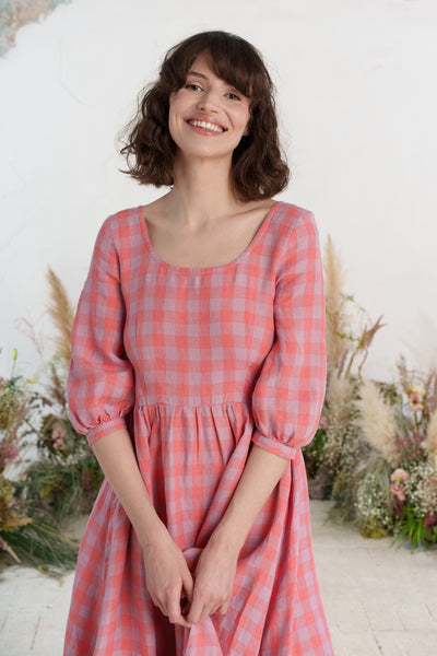 Maxi Carmen Dress, 3/4 Sleeve, Pink Gingham
#color_pink-gingham