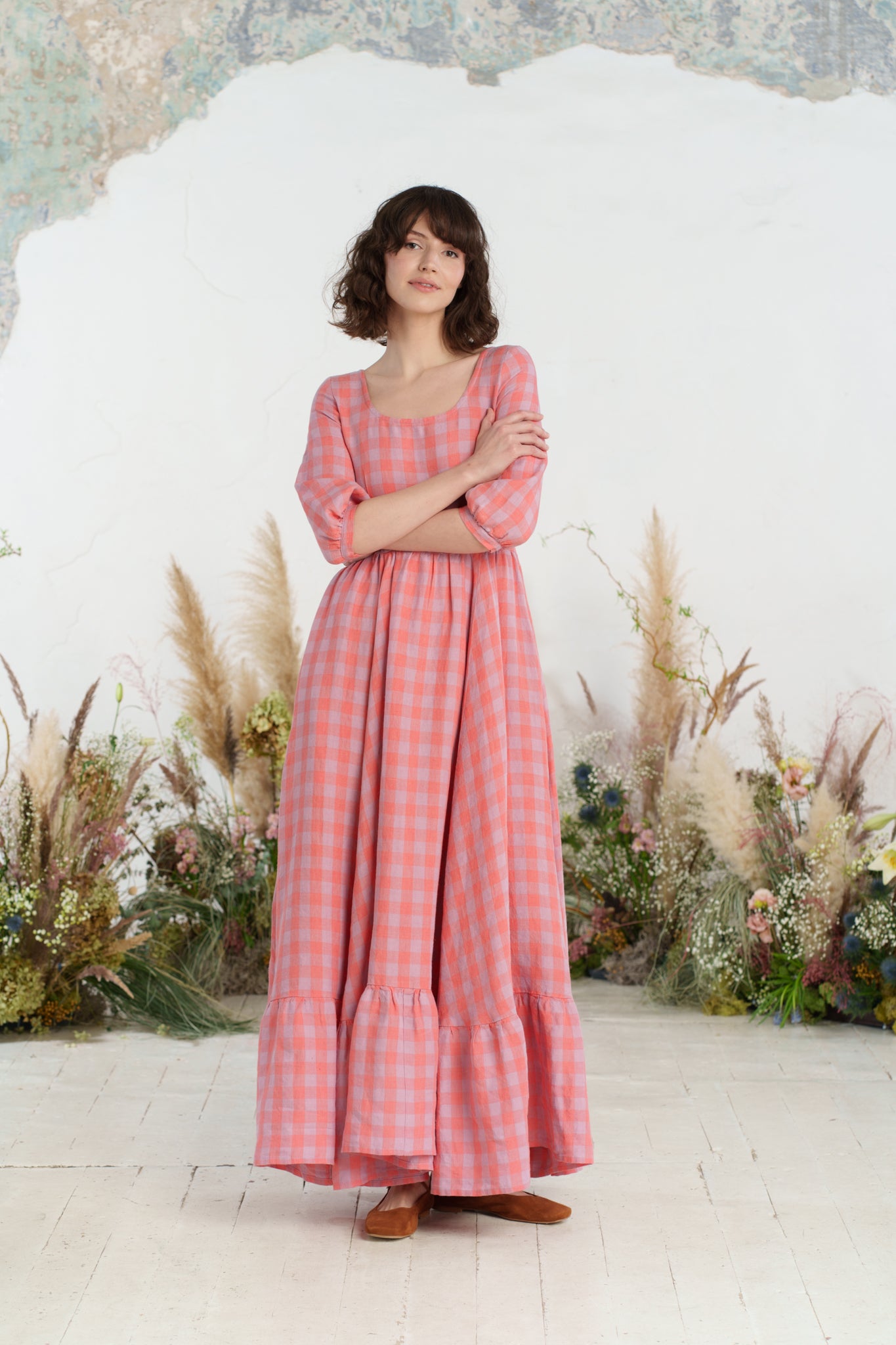 Maxi Carmen Dress, 3/4 Sleeve, Pink Gingham
#color_pink-gingham
