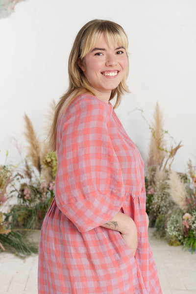 Smock Gaia Dress, 3/4 Sleeve, Pink Gingham
#color_pink-gingham