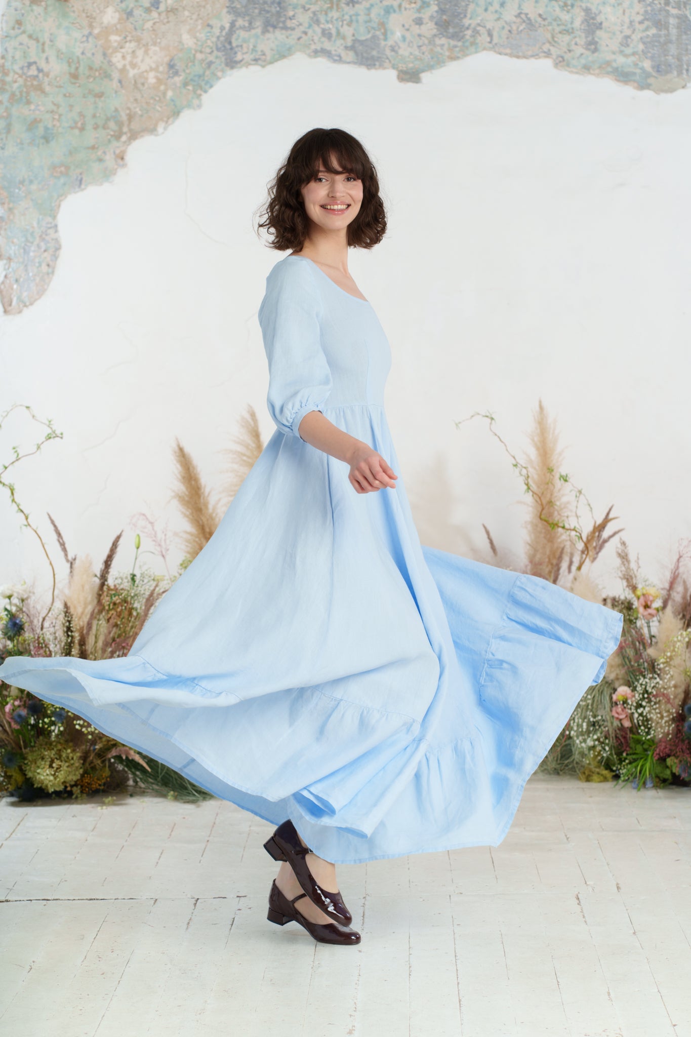 Maxi Carmen Dress, 3/4 Sleeve, Skye Blue
#color_skye-blue