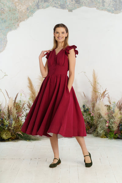 Diane Dress, Ruffle Sleeve, Marsala Red
#color_marsala-red