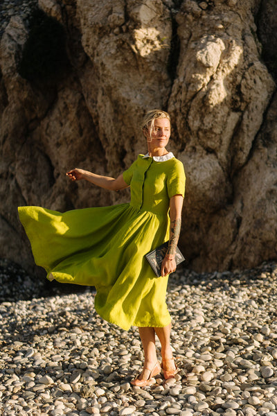 Classic Dress, Short Sleeve, Lime Green White Collar
#color_lime-green-white-collar