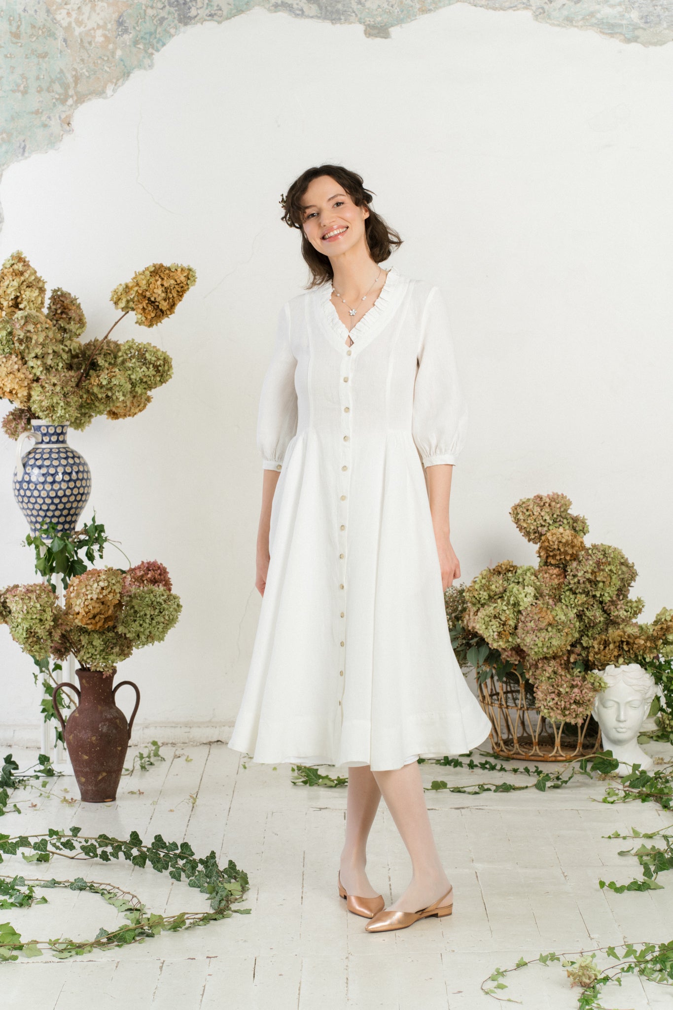 Ophelia Dress, 3/4 Sleeve, White Magnolia