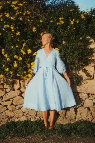 Wrap Gaia Dress, 3/4 Sleeve, Skye Blue
#color_skye-blue