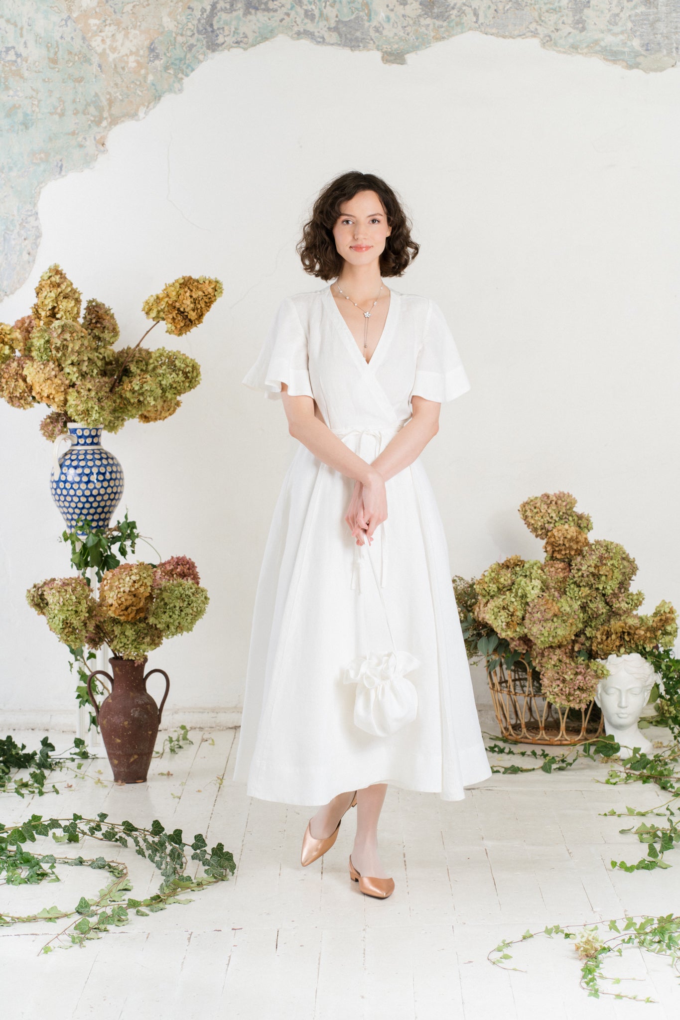 Maxi Wrap Dress, Butterfly Sleeve, White Magnolia