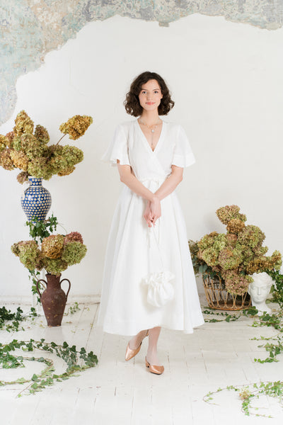 Maxi Wrap Dress, Butterfly Sleeve, White Magnolia