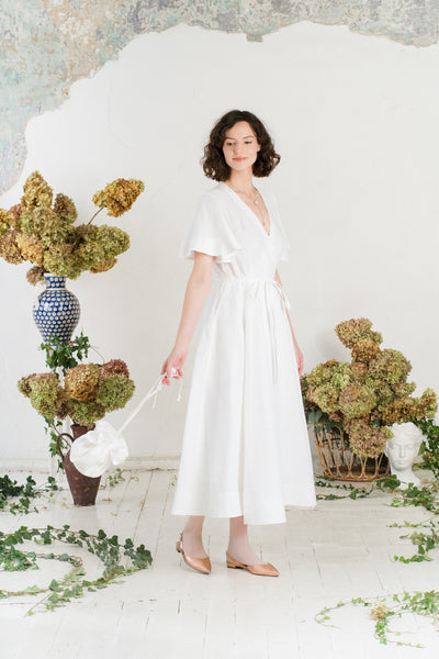 Maxi Wrap Dress, Butterfly Sleeve, White Magnolia